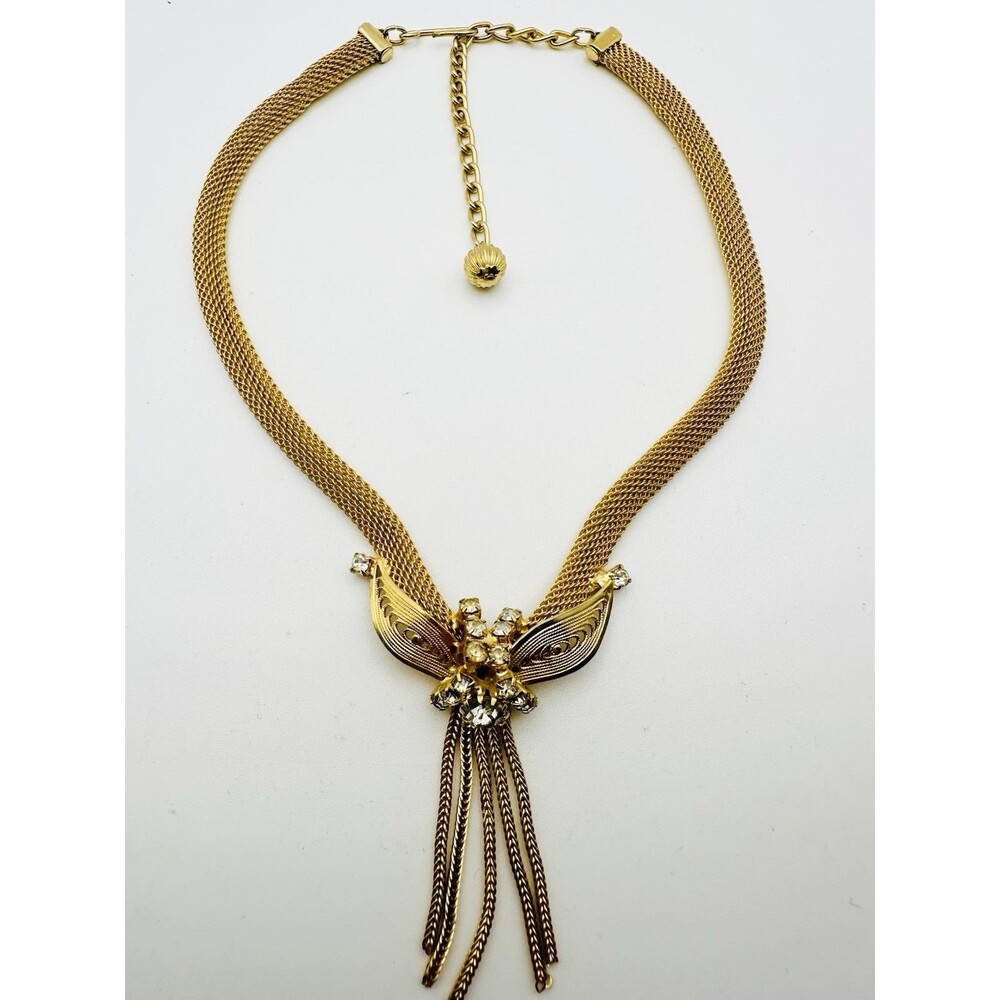 Vintage Gold Tone Mesh Fringe Rhinestone Necklace 15”